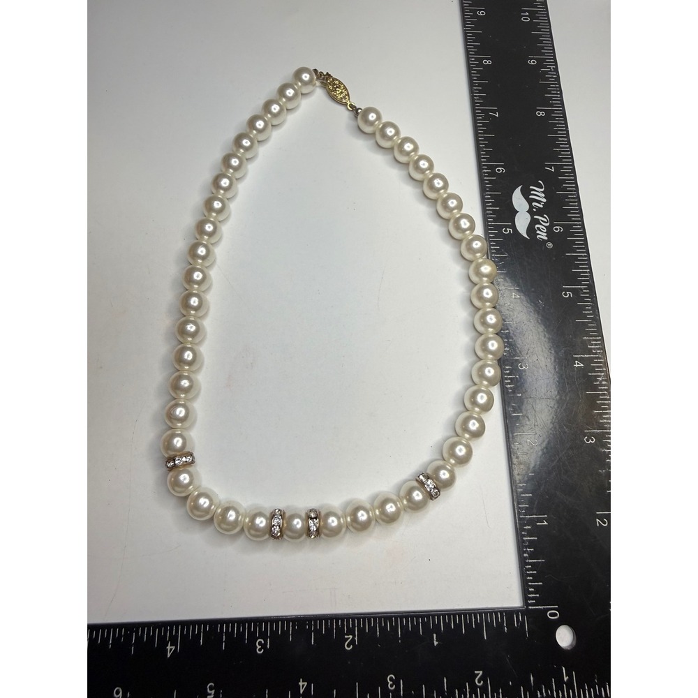 Faux Pearl Necklace with Crystal Rondelle Accents Gold Tone Clasp 18 Inch